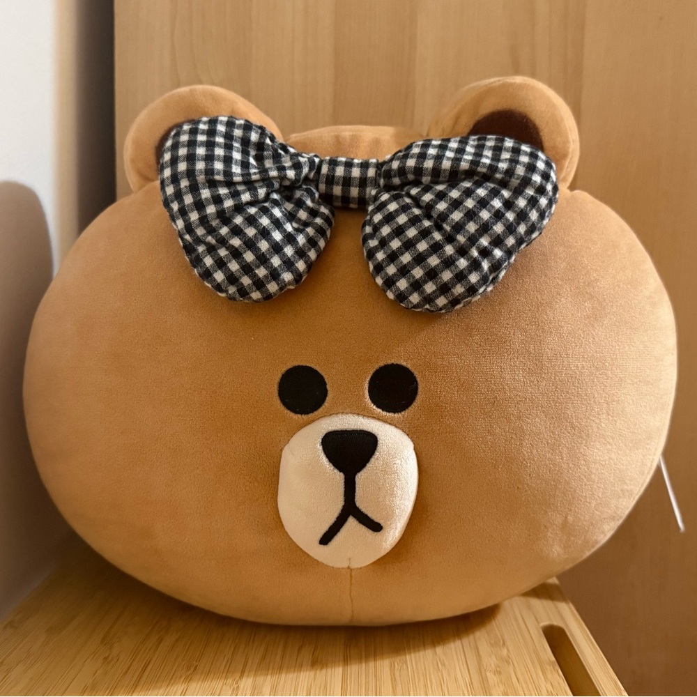 Line Friends Brown Cushion Pillow Plush with Plaid Bow